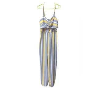 Bailey Blue Yellow Grey White Textured Striped Knot Front Jumpsuit Sz XL
